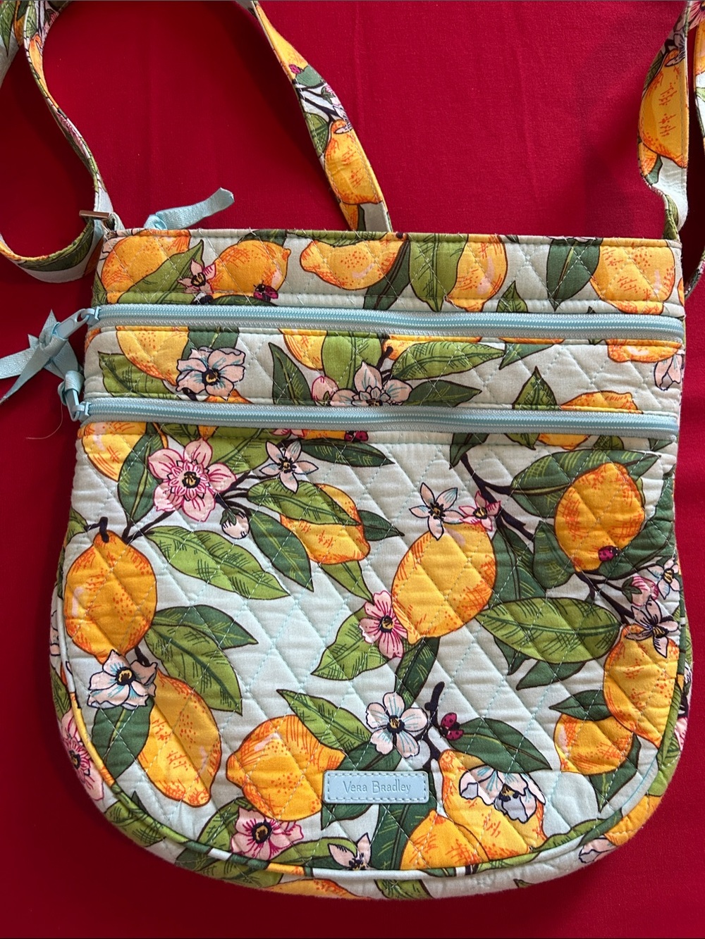 Vera Bradley Lemon Print Quilted Crossbody Bag with Blue Zippers